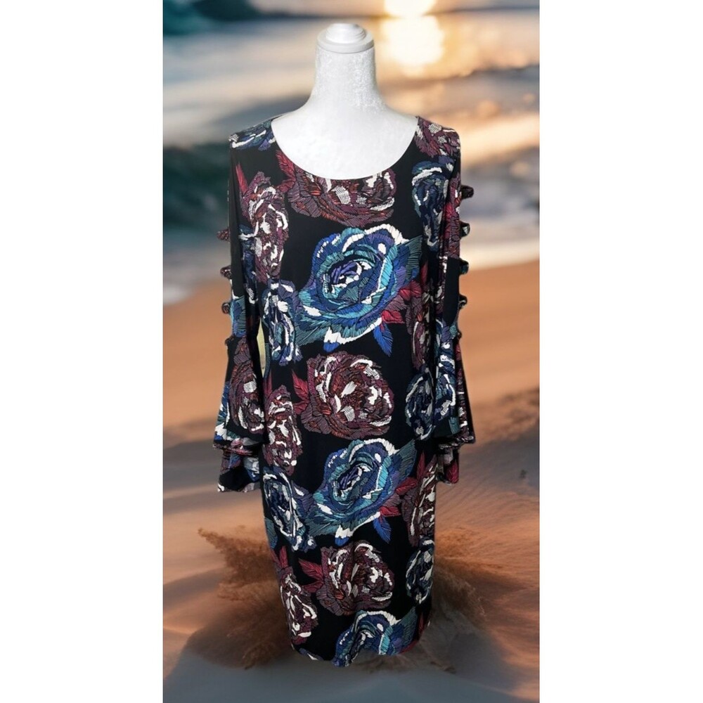 MSK Womens Multicolor Floral Cold Shoulder Bell Sleeve Knee Length Shift Dress L